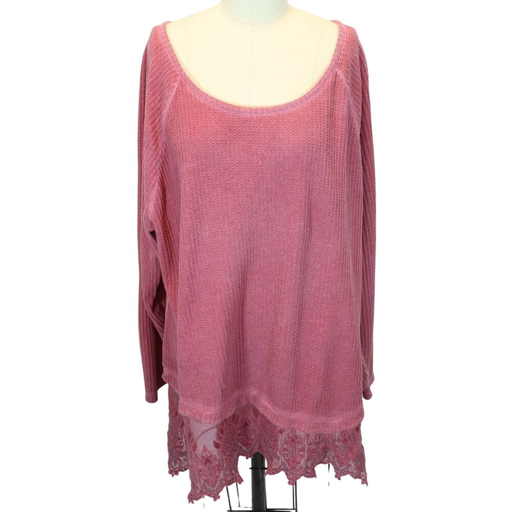 SOFT SURROUNDINGS Jasmin Lace Hem Waffle Thermal Knit Tunic Top Size 2X Red/Pink